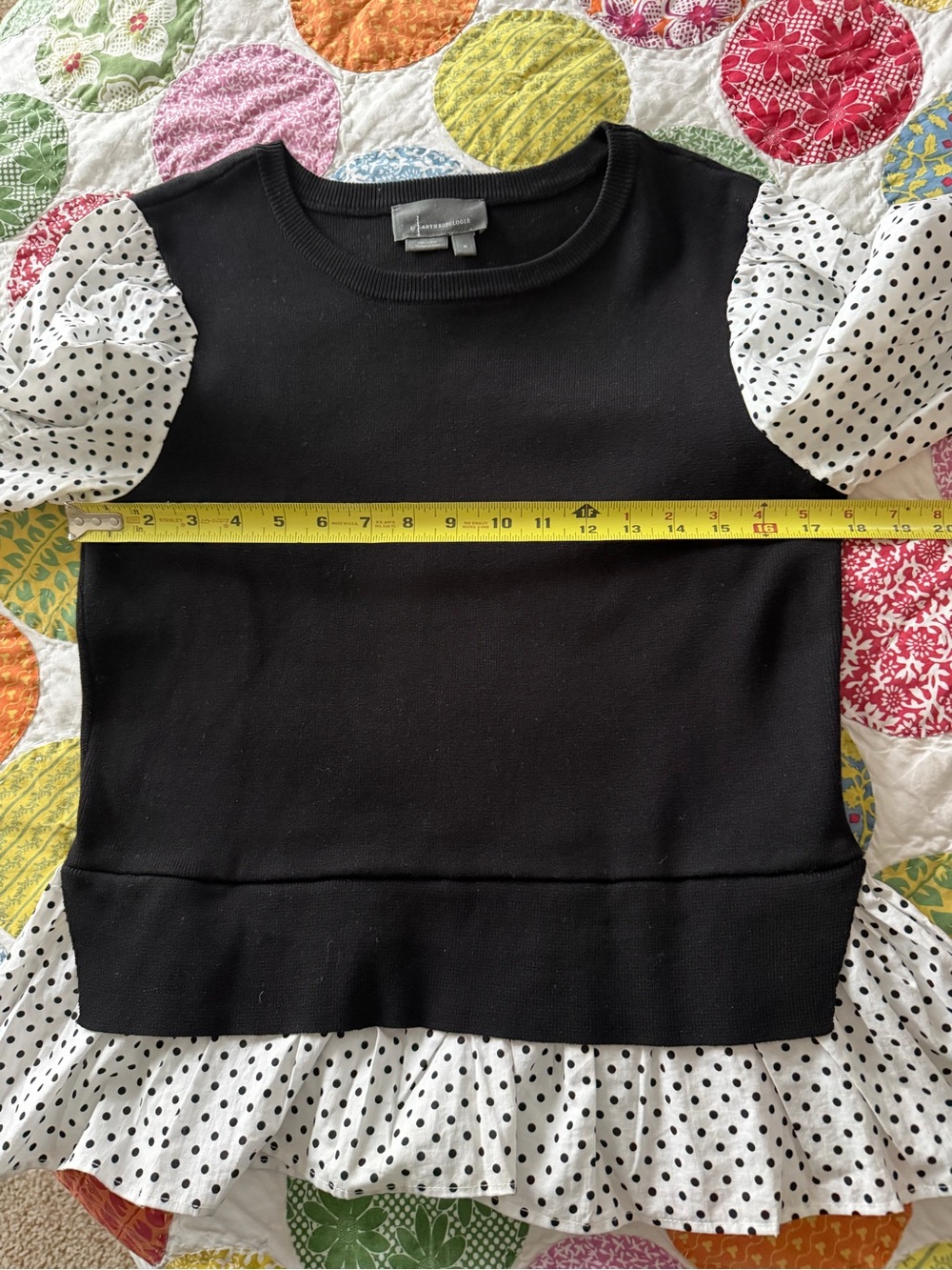 By Anthropologie Layered Poplin-Sleeve Polka Dot Mixed Media Sweater Top, M - Picture 9 of 13